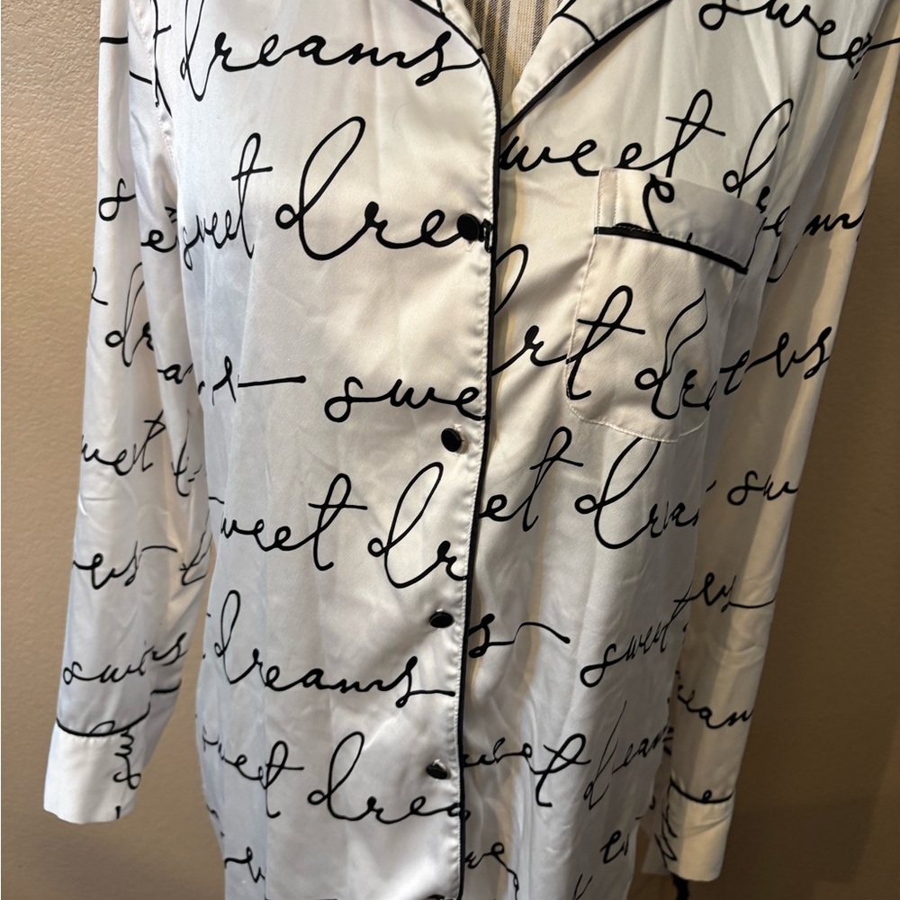 Victoria's Secret Nightgown Small White Satin Long Pajama Shirt Black Script - Picture 3 of 13